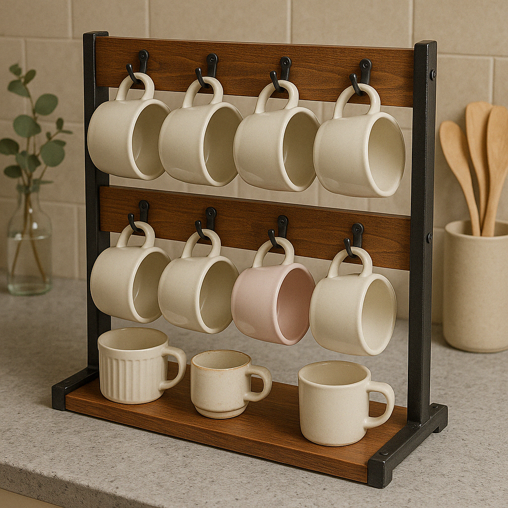 Industrial Wooden Mug Holder Stand For Countertop