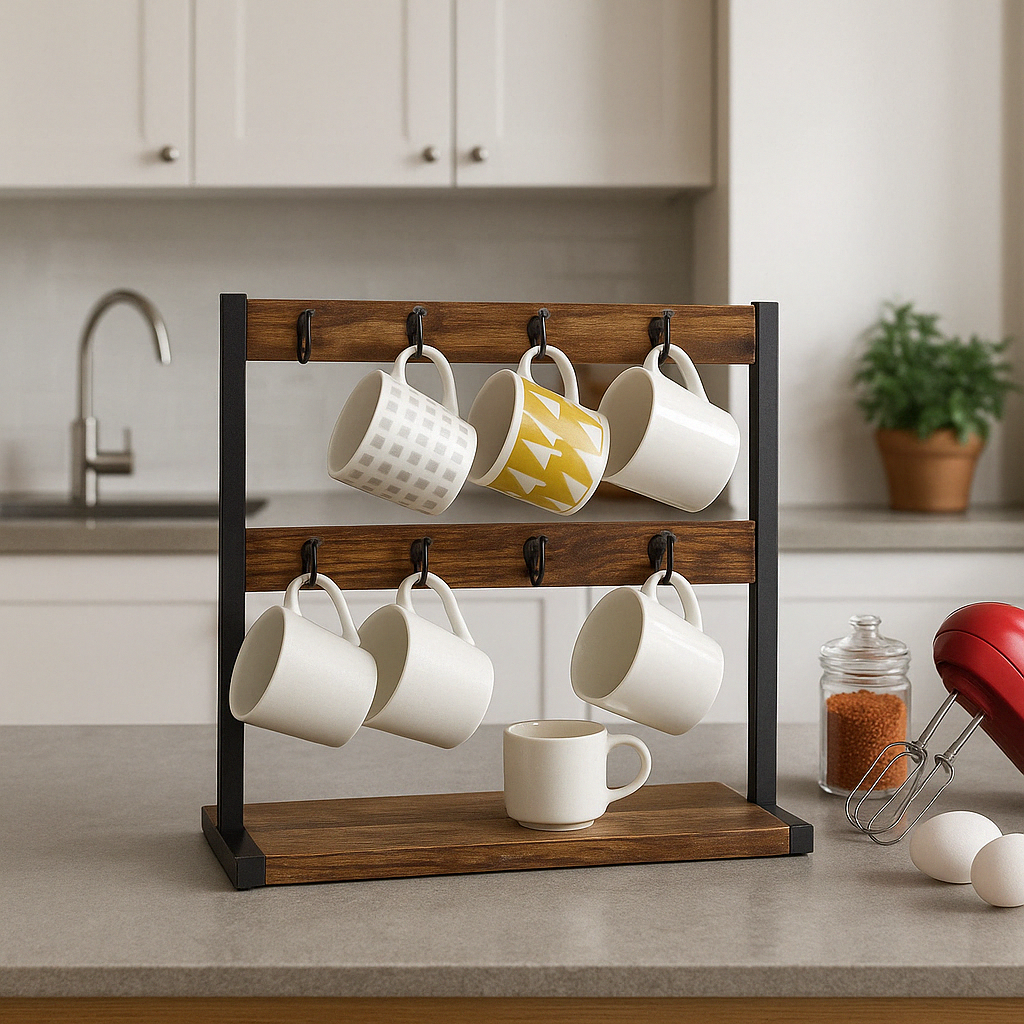 Industrial Wooden Mug Holder Stand For Countertop