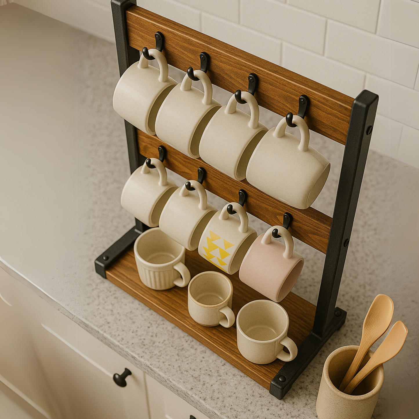 Industrial Wooden Mug Holder Stand For Countertop