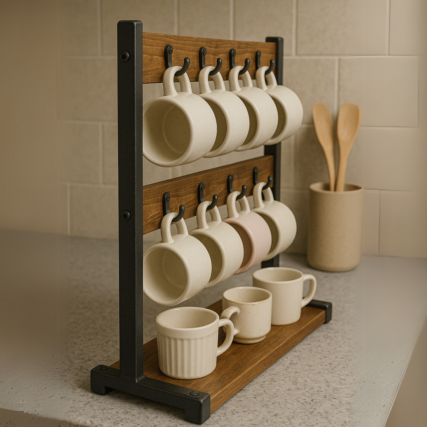 Industrial Wooden Mug Holder Stand For Countertop