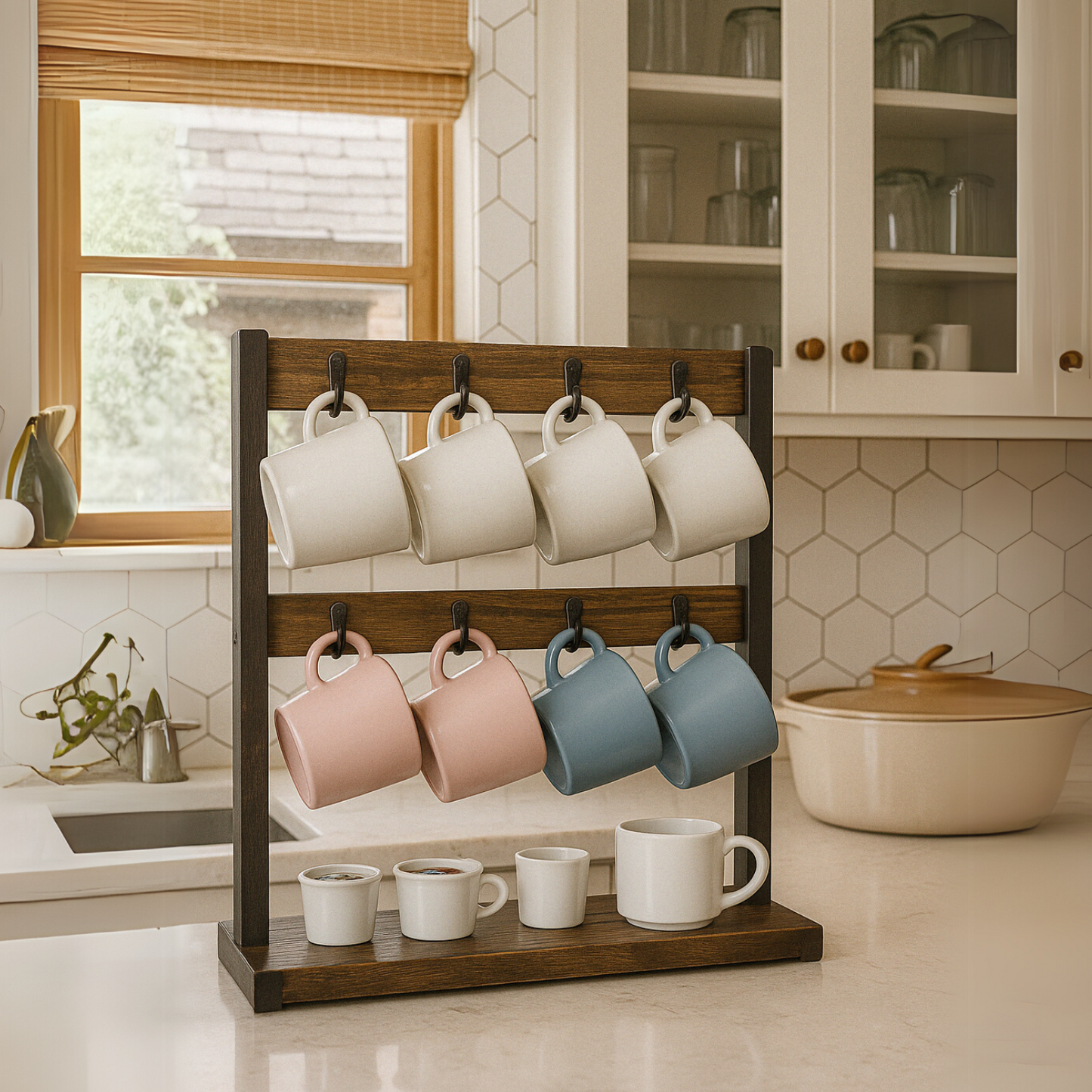 Industrial Wooden Mug Holder Stand For Countertop