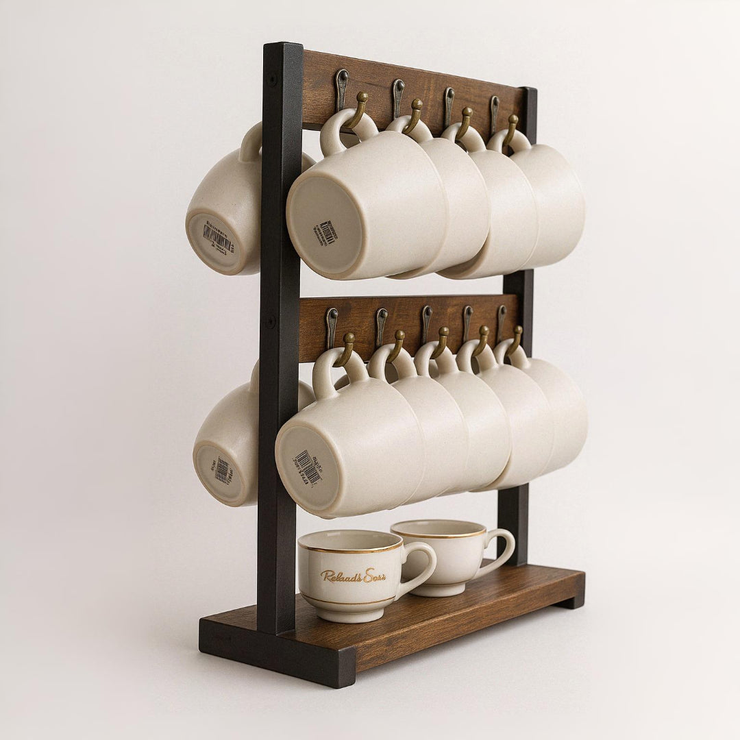 Industrial Wooden Mug Holder Stand For Countertop