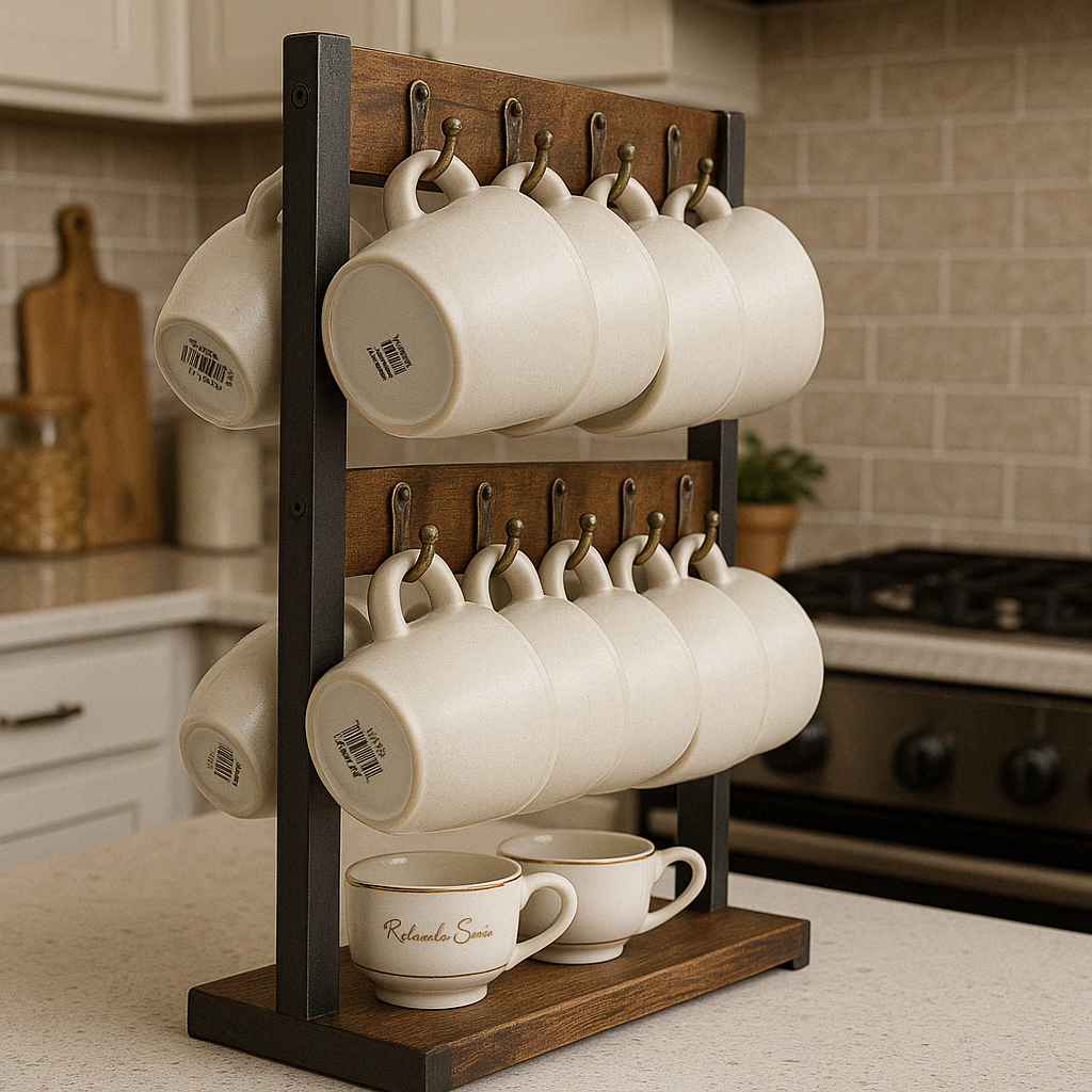 Industrial Wooden Mug Holder Stand For Countertop
