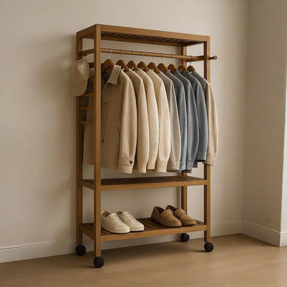 Wooden Clothes Rack | Portable Open Wardrobe with Shoe Storage