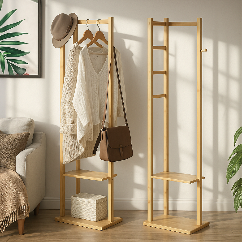 Narrow Wooden Clothes Rail With 2 Shelves