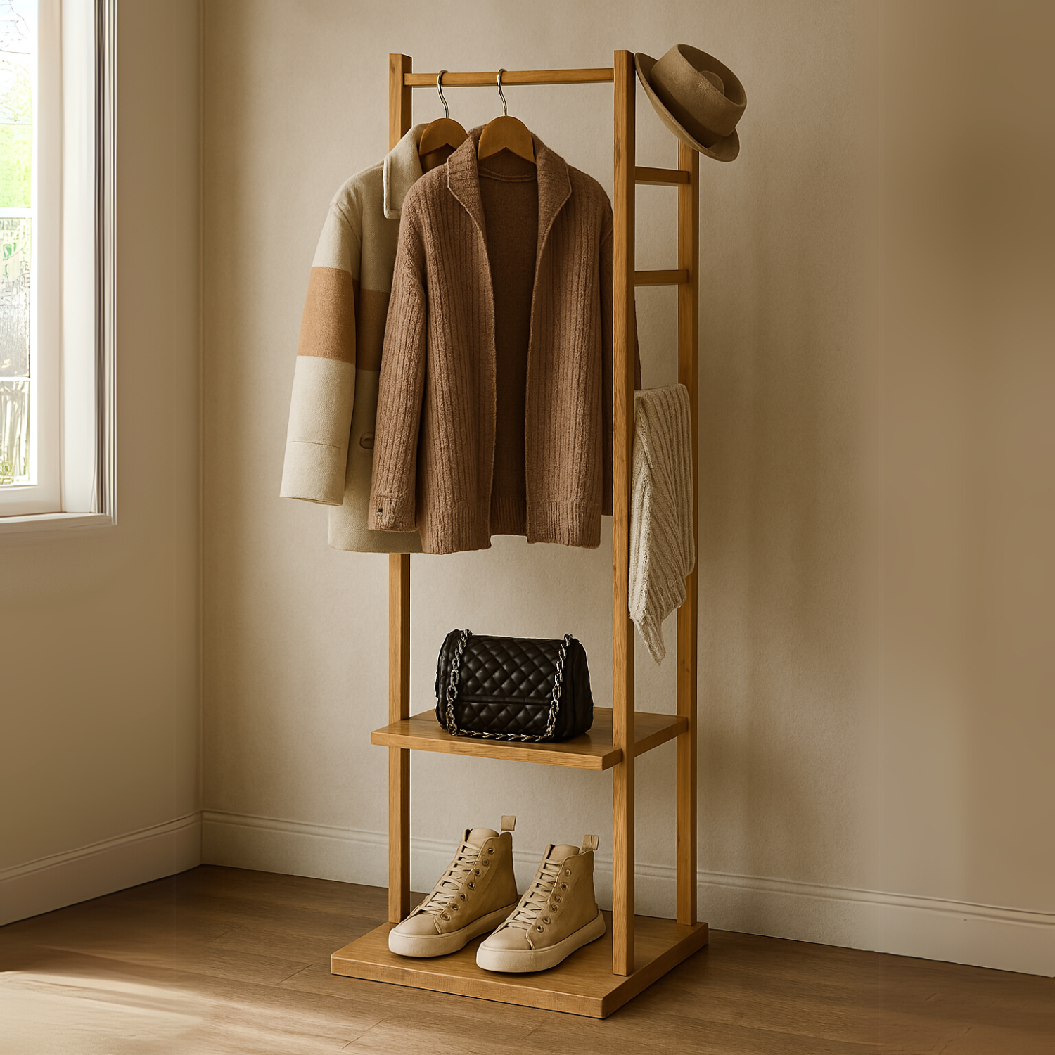 Narrow Wooden Clothes Rail With 2 Shelves
