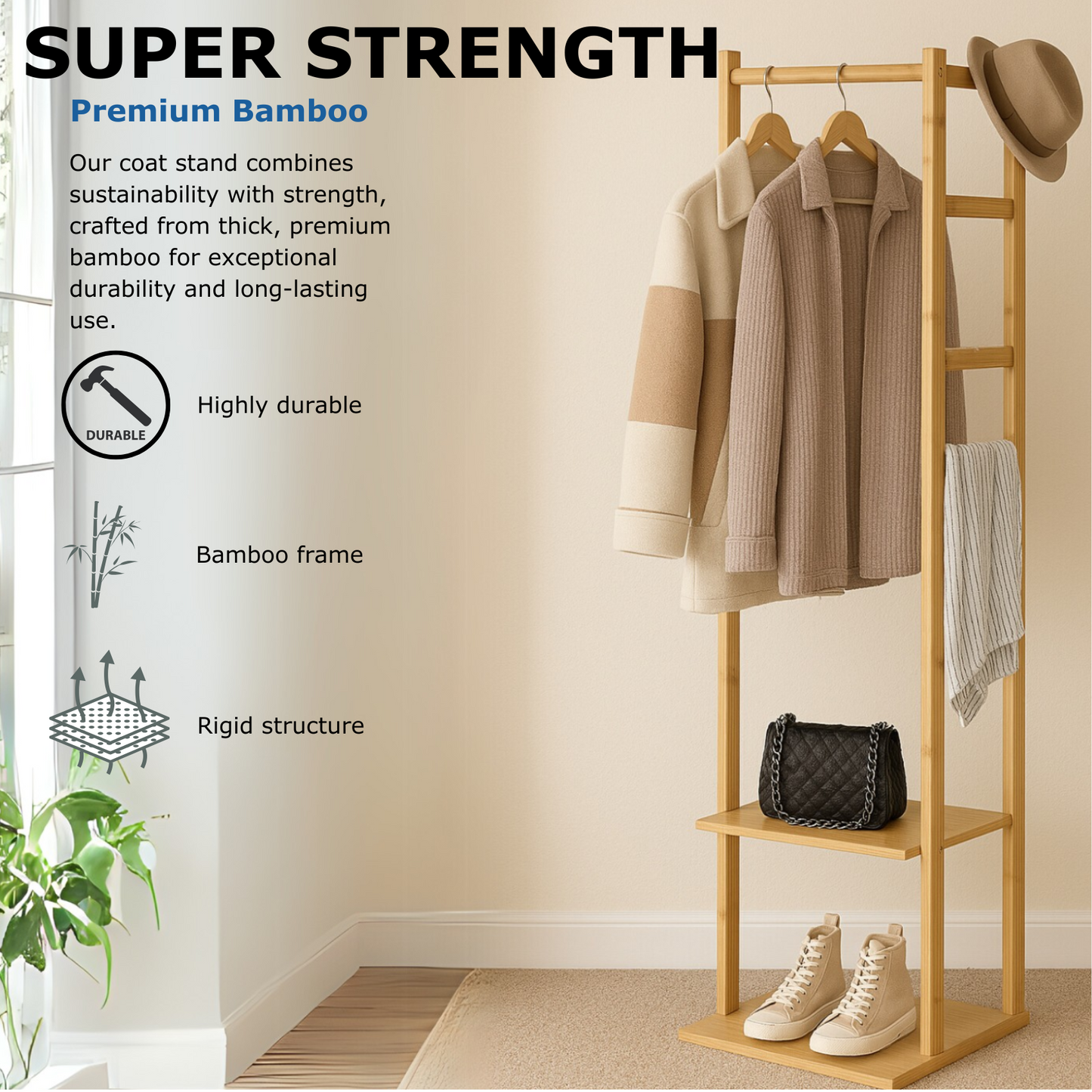 Narrow Wooden Clothes Rail With 2 Shelves
