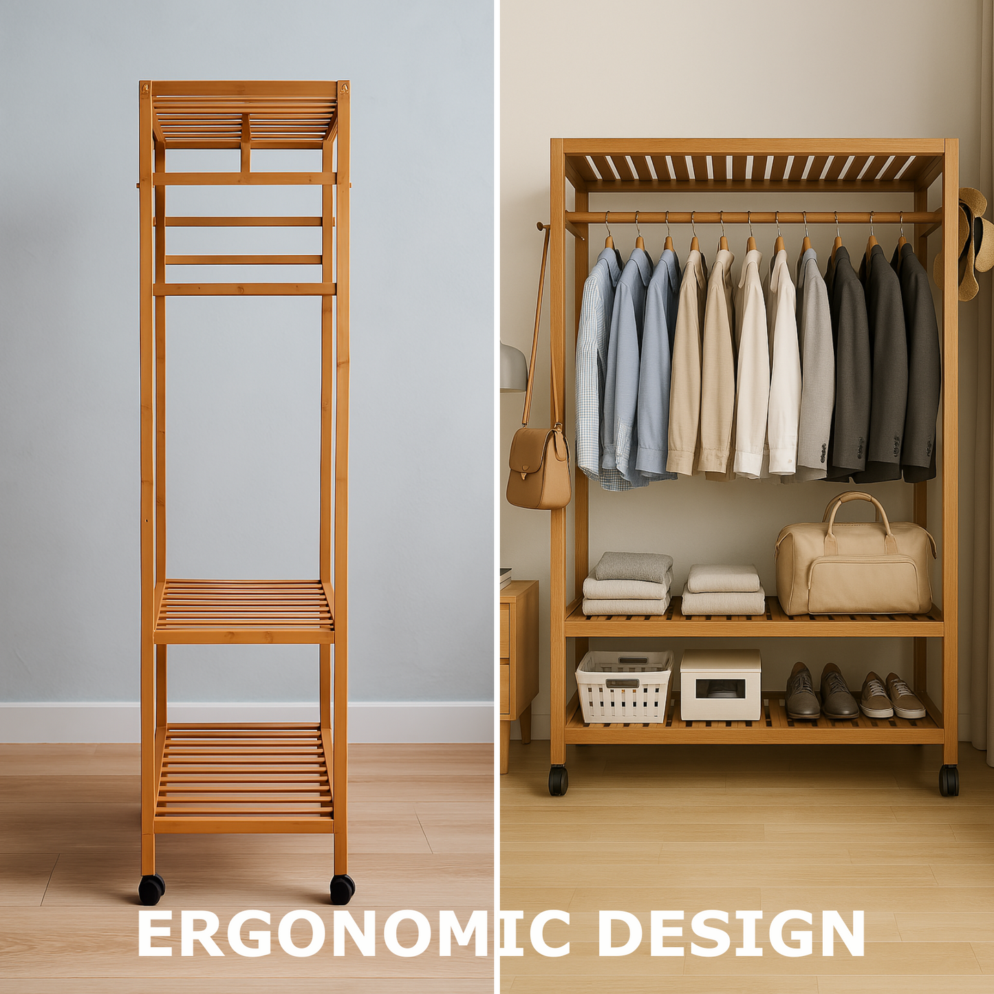 Wooden Clothes Rack | Portable Open Wardrobe with Shoe Storage
