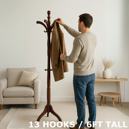 Wooden Hallway Coat Stand With 13 Hooks